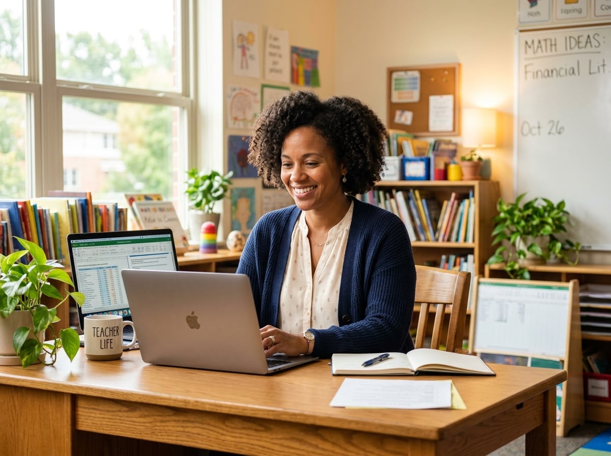 An educator reviewing her finances with calm and clarity at her desk